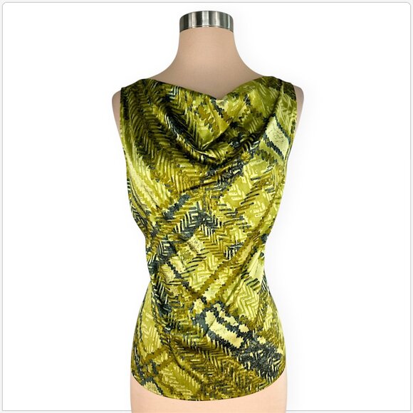 St. John Green Patterned Print Stretch Silk Sleeveless Drape Neck Top Blouse S - Picture 1 of 3